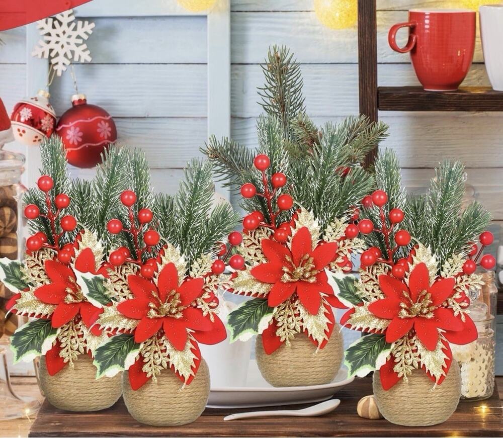 4 Pc Christmas Poinsettias Artificial Floral Red Table Top New